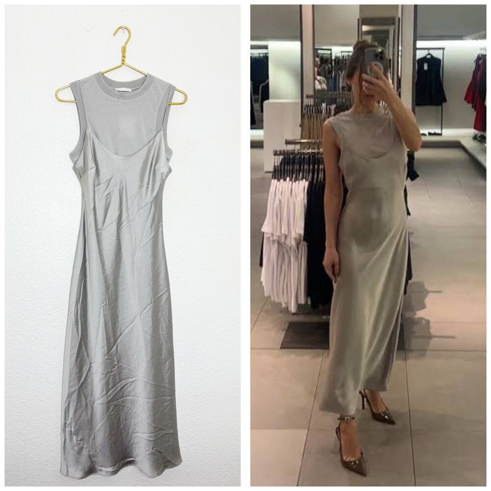 NWT Zara Silver Satin Layered Slip Maxi Dress Size Medium Quiet Luxury 3039/002